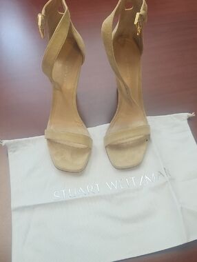 Stuart Weitzman Beige Suede Open-Toe Ankle-Strap Heels